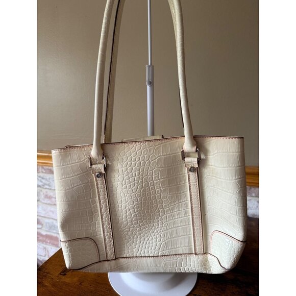 Liz Claiborne Cream Faux Crocodile Embossed Shoulder Tote Bag  Long Straps - Picture 3 of 12